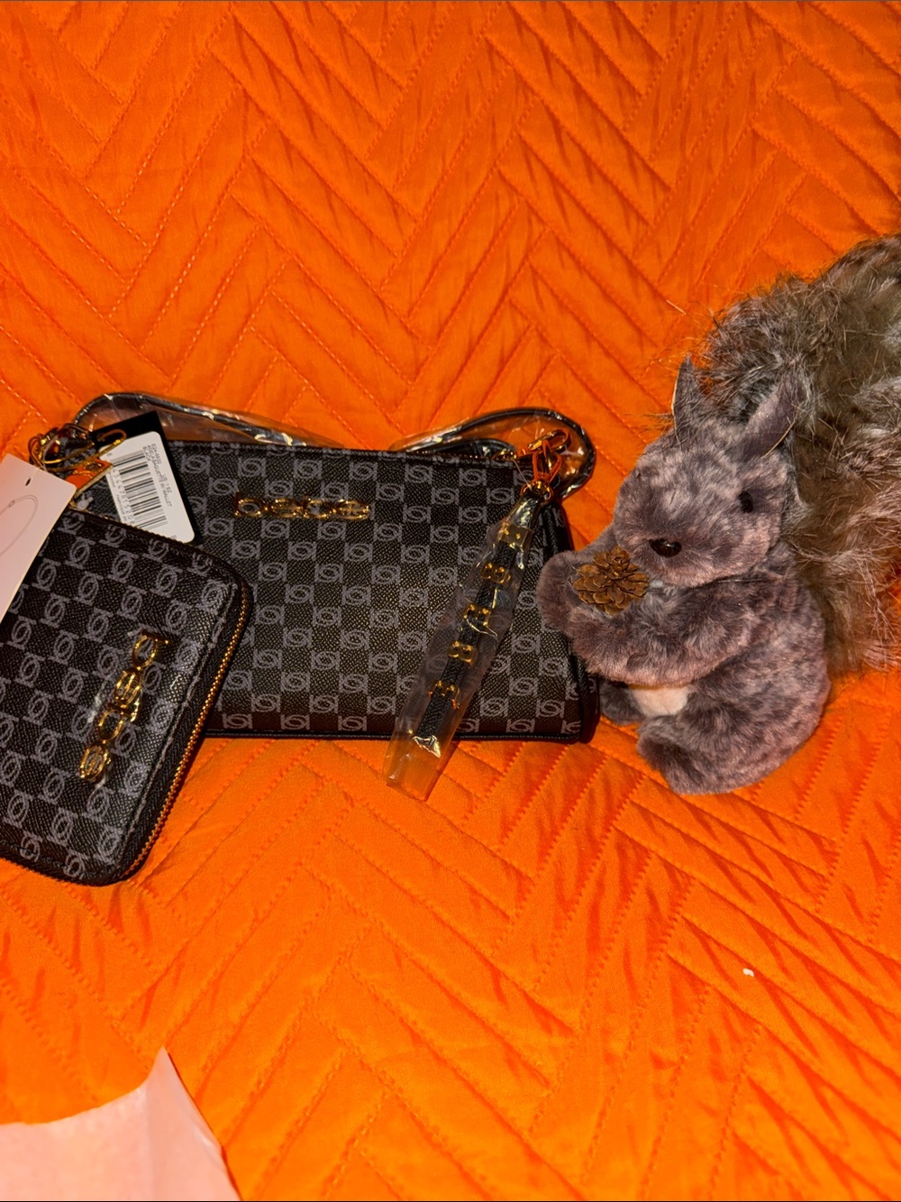 bebe Black Logo Print Wristlet and Zip Wallet with Gold Hardware